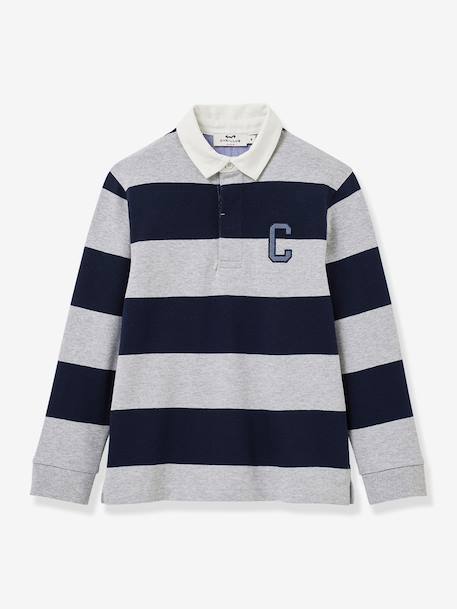 Striped Rugby Polo Shirt in Organic Cotton for Boys, CYRILLUS green+grey 