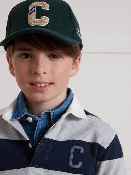 Striped Rugby Polo Shirt in Organic Cotton for Boys, CYRILLUS green+grey 