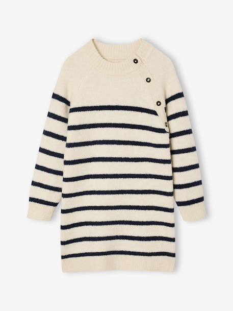 Knitted Striped Dress for Girls ecru+navy blue 
