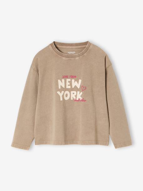 New York Long Sleeve T-Shirt with Fluorescent Touches, for Girls sandy beige 