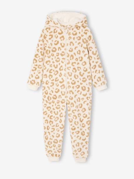Sherpa leopard print pyjama jumpsuit for girls beige 