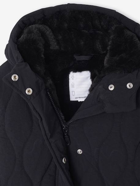 Long Lightweight Jacket with Hood & Faux Fur Lining, for Girls black+khaki 
