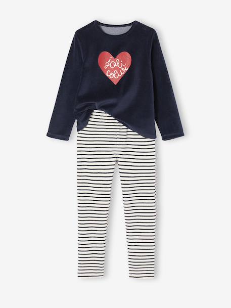 Pack of 2 Heart Print Velour Pyjamas for Girls ecru 