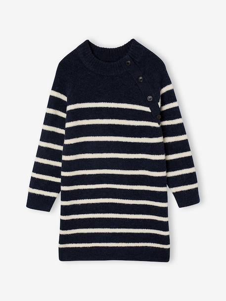 Knitted Striped Dress for Girls ecru+navy blue 