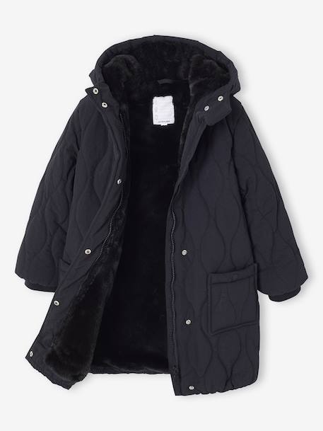 Long Lightweight Jacket with Hood & Faux Fur Lining, for Girls black+khaki 