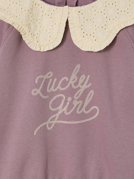 Girl's sweatshirt with English embroidery collar and flocked velvet message ecru+marl grey+mauve+pale pink+red 