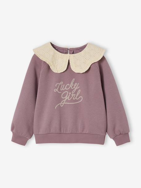 Girl's sweatshirt with English embroidery collar and flocked velvet message ecru+marl grey+mauve+pale pink+red 