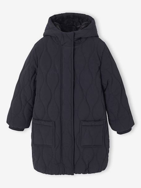 Long Lightweight Jacket with Hood & Faux Fur Lining, for Girls black+khaki 
