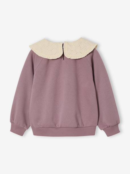 Girl's sweatshirt with English embroidery collar and flocked velvet message ecru+marl grey+mauve+pale pink+red 
