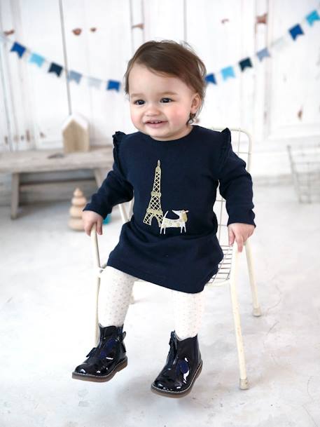 Baby Knitted Dress with Dog Embroidery Dark Blue 