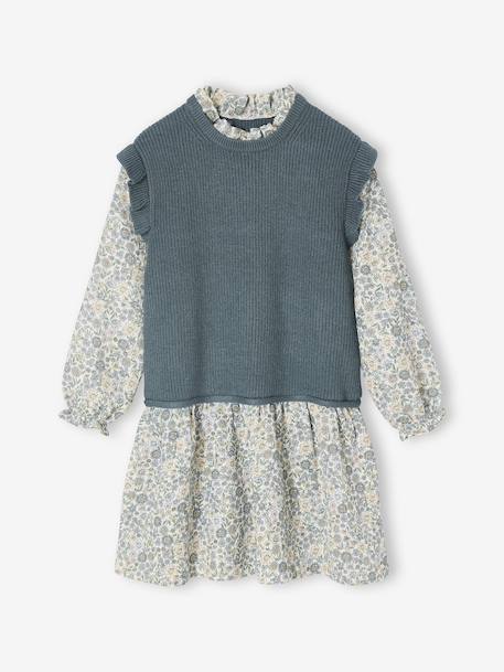 Dress with Two-in-One, Double-Fabric Effect, for Girls fir green 