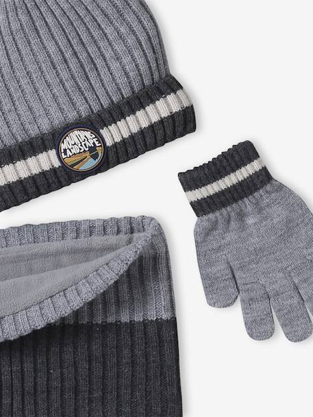 Boys' beanie + snood + gloves 'Mountains' set marl grey+night blue 