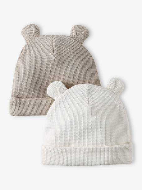 Pack of 2 Beanies with Bear Ears for Newborns ecru+pale blue+rosy 