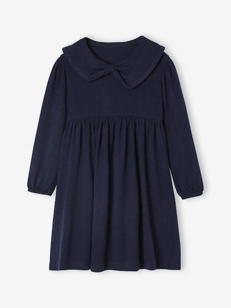 Fancy collared knitted dress for girls blush+navy blue 