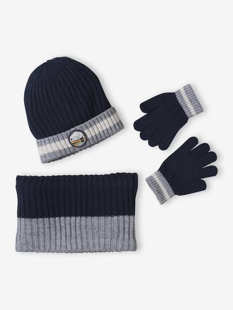 Boys' beanie + snood + gloves 'Mountains' set marl grey+night blue 