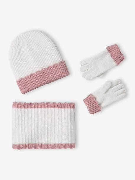 Girl's set: beanie + snood + mittens/gloves ecru 