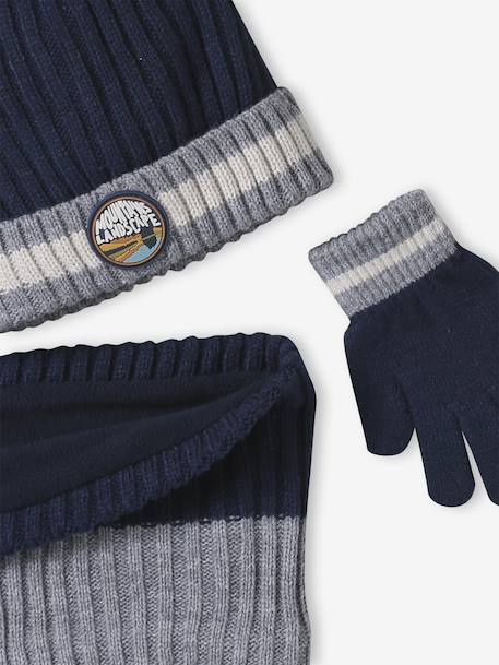 Boys' beanie + snood + gloves 'Mountains' set marl grey+night blue 