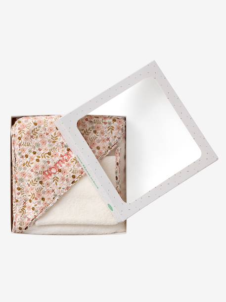 Cotton Muslin Bath Cape + Wash Mitt, FLORA printed white 