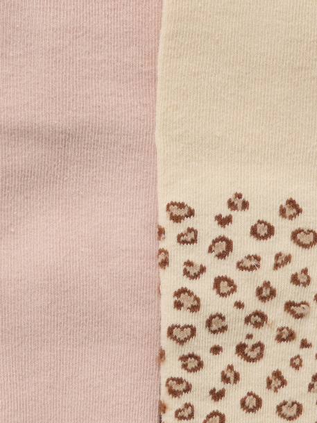 Pack of 2 girls' baby tights with all-over leopard print and leopard head on the top of the feet. rosy 