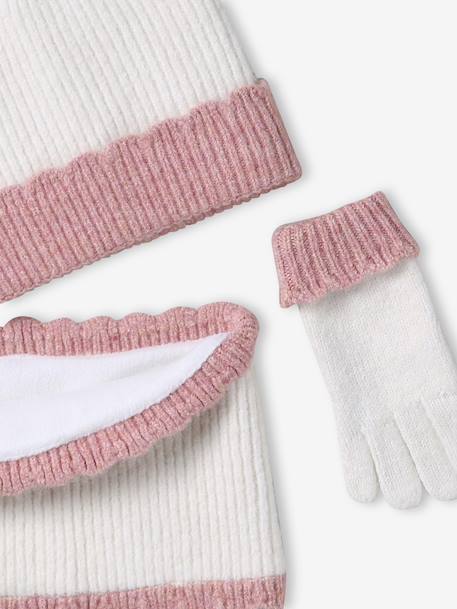Girl's set: beanie + snood + mittens/gloves ecru 