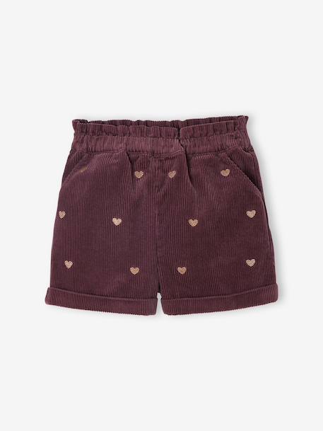 Girl's velvet shorts with embroidered sparkly heart detail plum 
