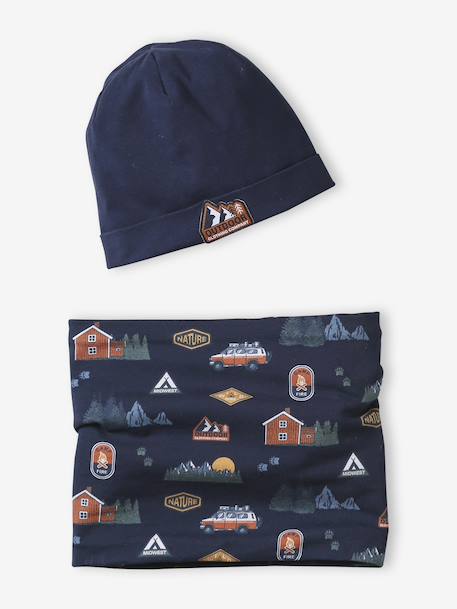 Boy's beanie + snood set 'Nature' navy blue 