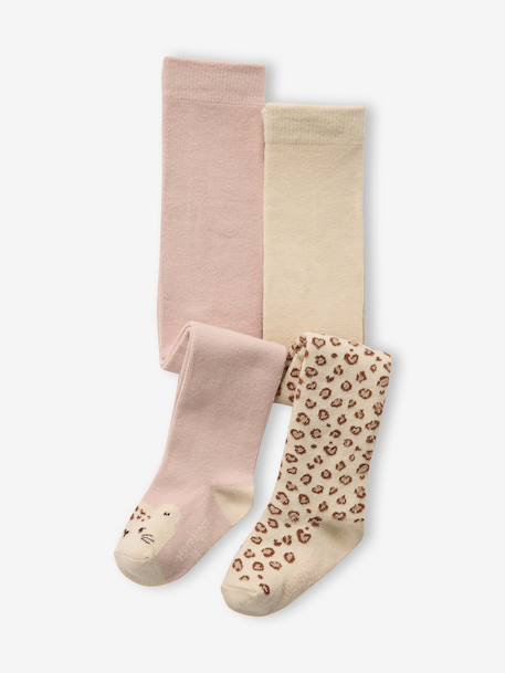 Pack of 2 girls' baby tights with all-over leopard print and leopard head on the top of the feet. rosy 