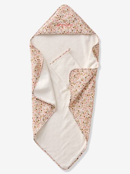 Cotton Muslin Bath Cape + Wash Mitt, FLORA printed white 