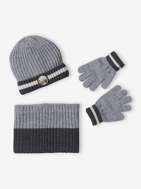 Boys' beanie + snood + gloves 'Mountains' set marl grey+night blue 