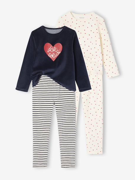 Pack of 2 Heart Print Velour Pyjamas for Girls ecru 