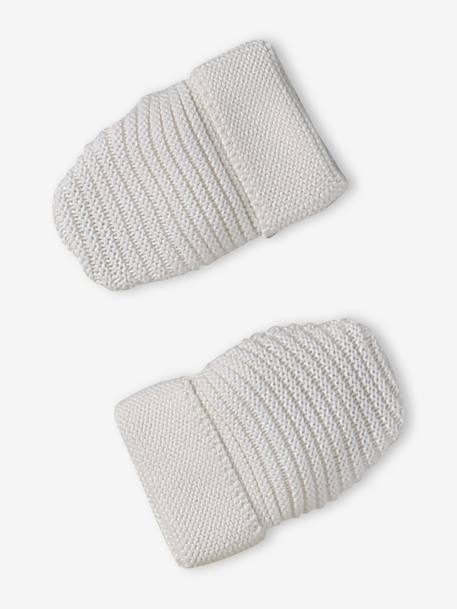 Set of beanie, mittens and slippers in organic cotton and its customisable pouch ecru+marl beige+rose 