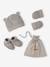 Set of beanie, mittens and slippers in organic cotton and its customisable pouch ecru+marl beige+rose 