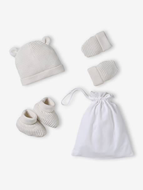 Set of beanie, mittens and slippers in organic cotton and its customisable pouch ecru+marl beige+rose 