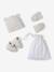Set of beanie, mittens and slippers in organic cotton and its customisable pouch ecru+marl beige+rose 