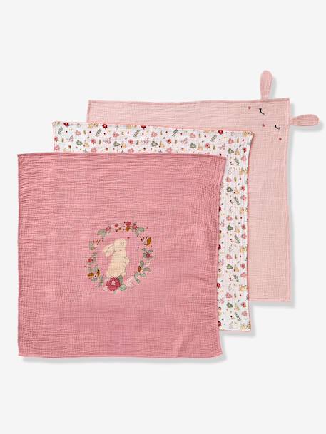 Pack of 3 muslin squares in cotton gauze ENCHANTED RABBIT set pink 