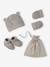Set of beanie, mittens and slippers in organic cotton and its customisable pouch ecru+marl beige+rose 