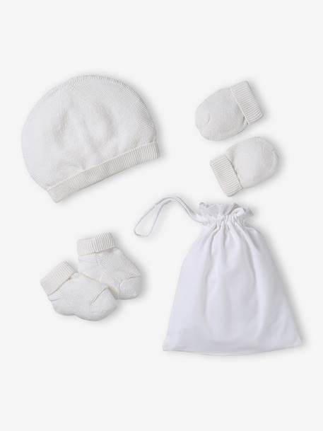Beanie, Mittens & Booties + Pouch Set for Newborns marl beige+white 