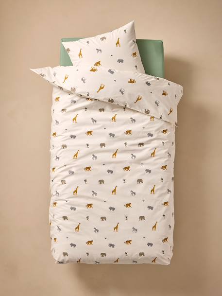 Essential WILD ANIMALS duvet cover set + pillowcase for children, with recycled cotton printed white 