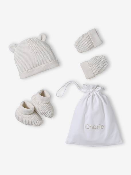 Set of beanie, mittens and slippers in organic cotton and its customisable pouch ecru+marl beige+rose 