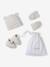 Set of beanie, mittens and slippers in organic cotton and its customisable pouch ecru+marl beige+rose 