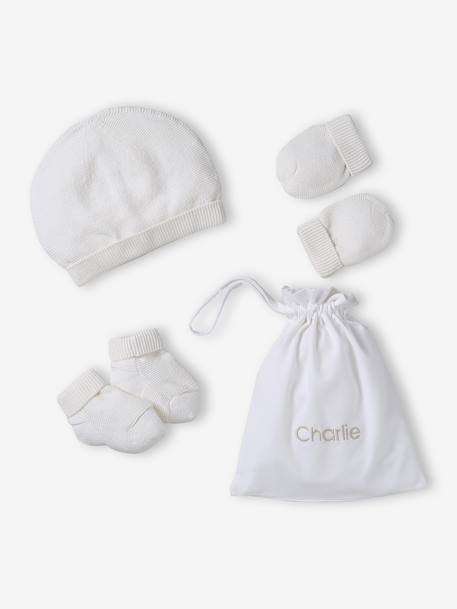 Beanie, Mittens & Booties + Pouch Set for Newborns marl beige+white 