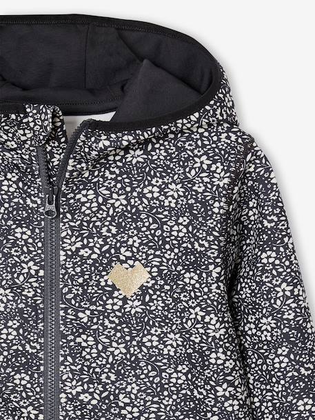 Sports Sweatshirt with Flower Print in Techno Fabric for Girls anthracite+ecru+printed green 