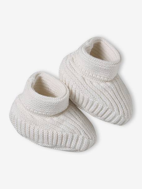 Set of beanie, mittens and slippers in organic cotton and its customisable pouch ecru+marl beige+rose 
