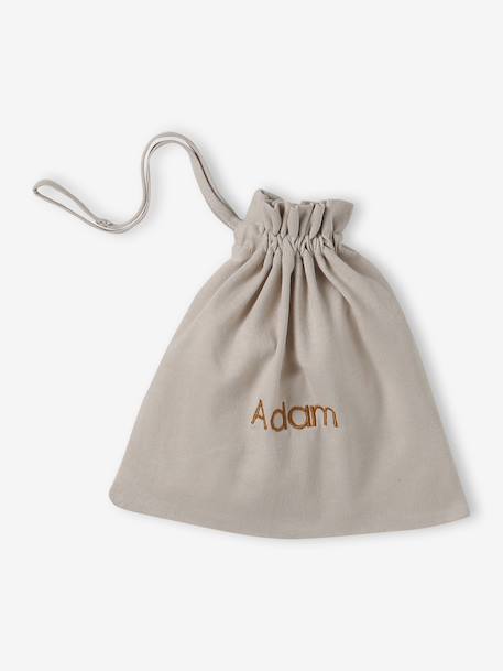 Set of beanie, mittens and slippers in organic cotton and its customisable pouch ecru+marl beige+rose 