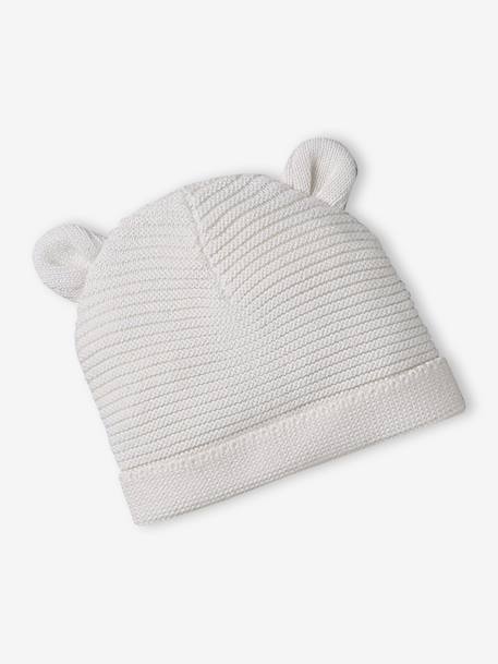 Set of beanie, mittens and slippers in organic cotton and its customisable pouch ecru+marl beige+rose 