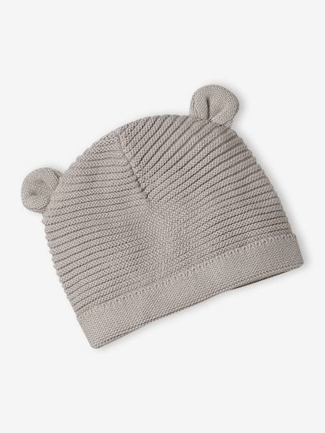 Set of beanie, mittens and slippers in organic cotton and its customisable pouch ecru+marl beige+rose 