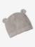 Set of beanie, mittens and slippers in organic cotton and its customisable pouch ecru+marl beige+rose 