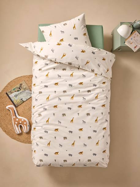 Essential WILD ANIMALS duvet cover set + pillowcase for children, with recycled cotton printed white 