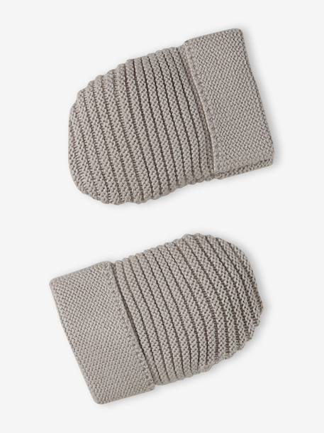 Set of beanie, mittens and slippers in organic cotton and its customisable pouch ecru+marl beige+rose 