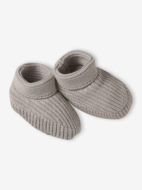 Set of beanie, mittens and slippers in organic cotton and its customisable pouch ecru+marl beige+rose 